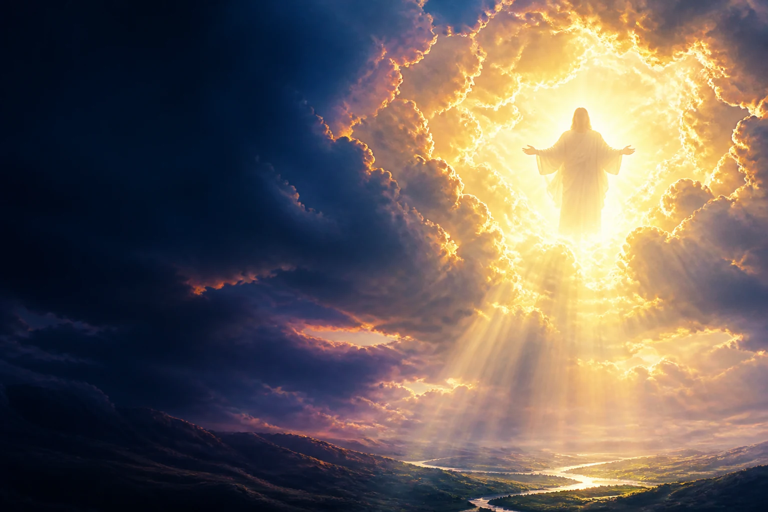 Céus se abrindo com a glória de Cristo entre raios de luz
